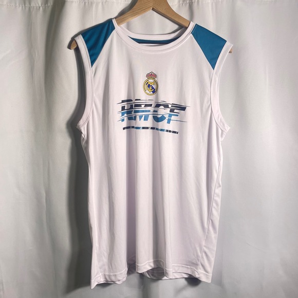 Real Madrid Sleeveless Jersey Tank Top Soccer Football L/G White Teal RMCF EUC - Picture 1 of 7